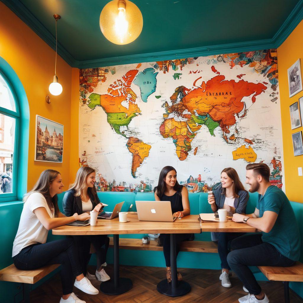 A diverse group of bloggers sitting at a vibrant café, engaged in animated discussions with their laptops open, showcasing maps and regional themes. In the background, a mural of famous landmarks from different regions highlights their personal journeys. The atmosphere is lively, filled with motivational quotes and coffee cups. soft colors, warm lighting, and a sense of camaraderie. super-realistic. vibrant colors.