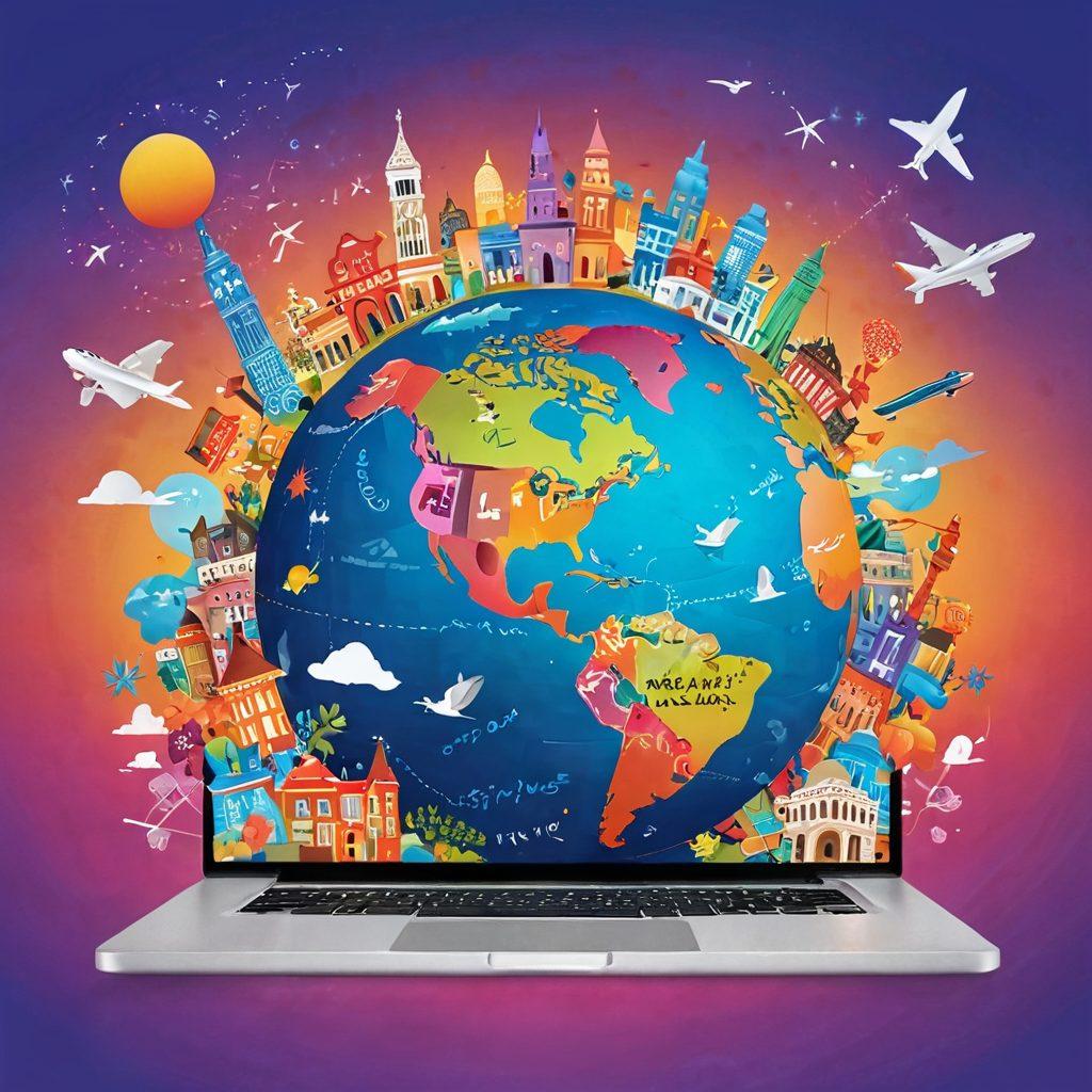 A vibrant globe surrounded by diverse local landmarks and cultural icons, with colorful pathways representing different blog journeys connecting each destination. In the backdrop, a soft gradient illustrating day and night skies, emphasizing global unity and exploration. Integrate whimsical elements like a vintage camera and a laptop, symbolizing blogging and storytelling. artistic collage. vibrant colors. super-realistic.