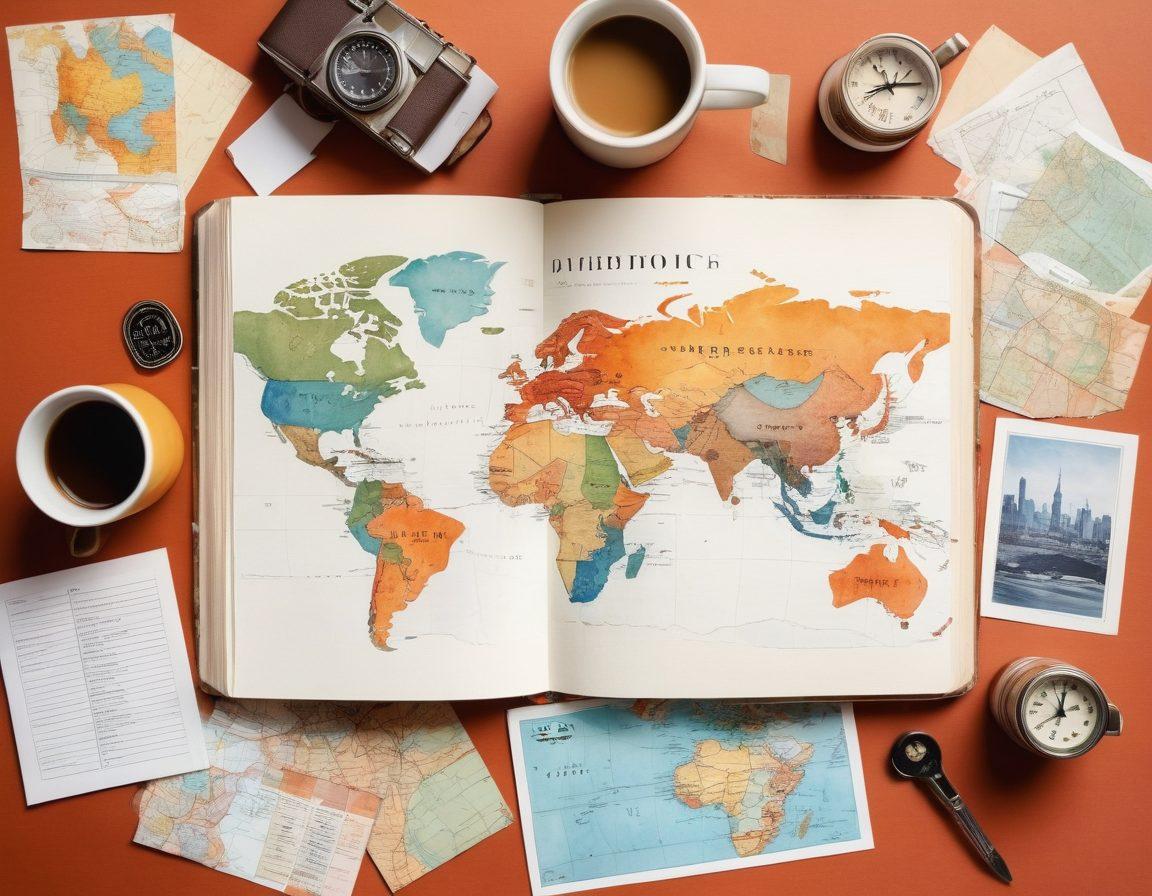 A collage of a personal diary open to handwritten notes alongside a world map marked with travel routes. Surround this scene with colorful postcards and photographs from various countries, showcasing iconic landmarks and cultural moments. Incorporate elements like a compass, travel tickets, and a coffee cup to evoke a sense of adventure and exploration. Use a warm color palette to inspire the feeling of wanderlust. watercolor painting. vibrant colors.